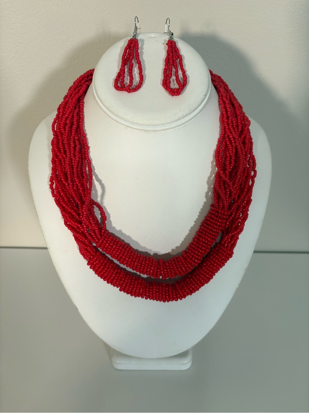 Paparazzi Red Multi-Strand Seed Bead Necklace with Matching Earrings